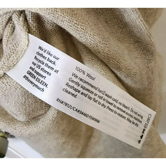 Eileen Fisher Sz Large Tunic Sweater Crochet Netting Accent 100% Wool Beige - Picture 5 of 5